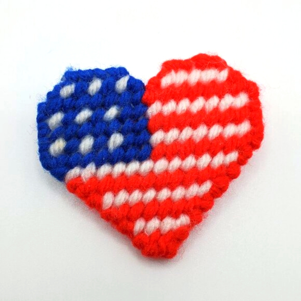 Handmade Craft Red, White & Blue American Flag Yarn Heart Pin, Good